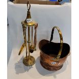 Copper coal scuttle and brass companion set