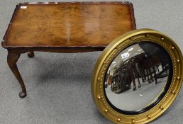 Walnut coffee table together with guilt round porthole mirror (2)