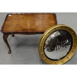 Walnut coffee table together with guilt round porthole mirror (2)