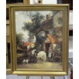 Reproduction print on canvass Figures outside an inn by Shawyer in gilt frame