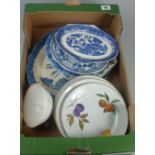 A collection of blue and white pottery to include servers, plates,