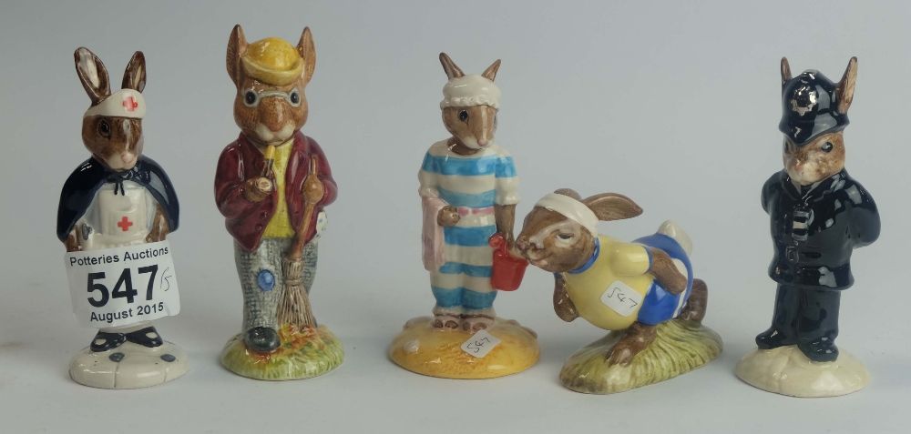 A collection of Royal Doulton Bunnykins to include Jogging DB22, Nurse DB74,