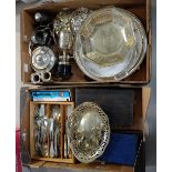 A collection of silver plated items including gallery trays, trophies, boxed Cutlery sets,