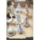 A collection of pottery including Wade Bambi, Nao Goose, Coalport Lady figures Alexandra, Charlotte,