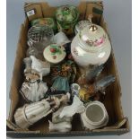 A collection of pottery to include figures, bird models, Beswick Strawberry preserve jar & cover,