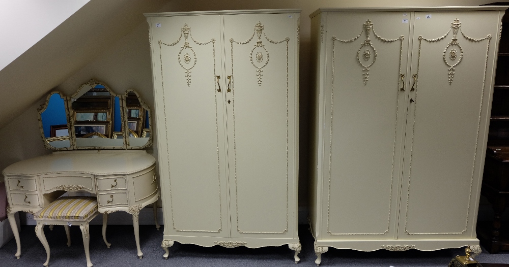 Quality reproduction Adams style cream painted bedroom suite, comprising of two double wardrobes,