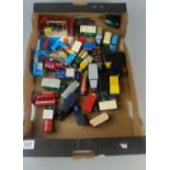 A collection of various toy cars to include matchbox, trucks, buses,