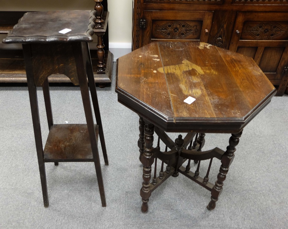 Edwardian walnut occasional table and Oak plant stand (2)