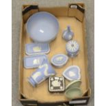 A collection of Wedgwood jasperware to include large fruit bowl, vases, trinket boxes,