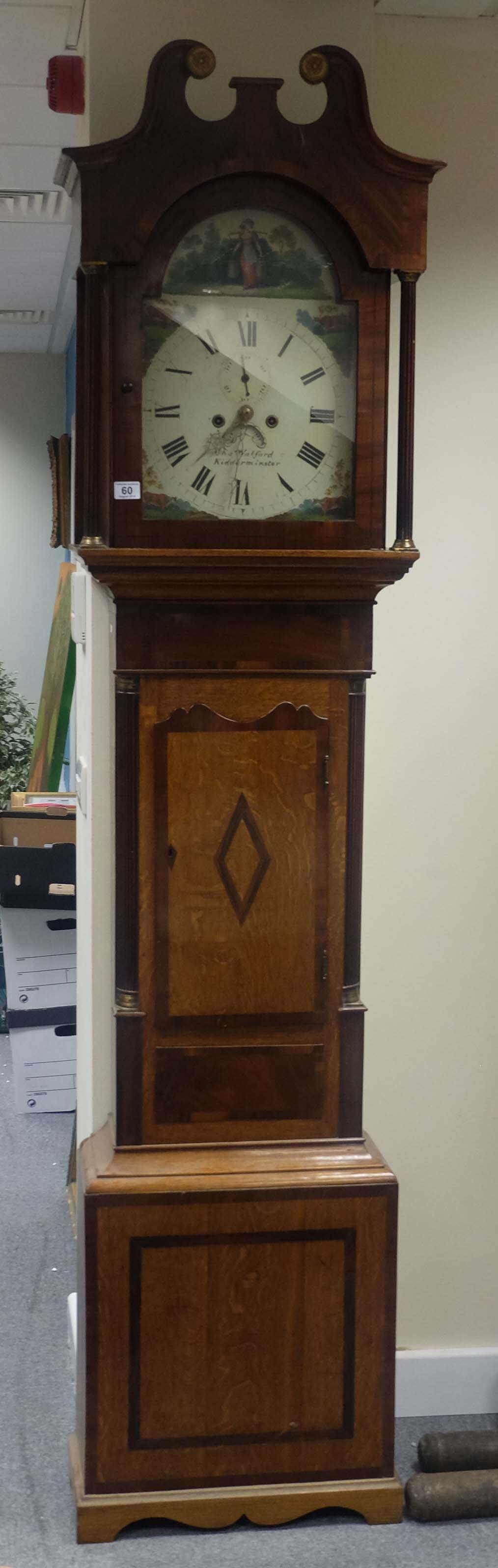 19th century oak & mahogany cased grandfather clock, painted arched dial by Chas Walford,