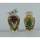 Moorcroft miniature trial vase decorated with red flower and another decorated with yellow flowers,