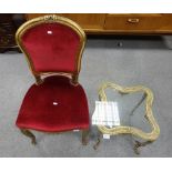 French gilt reproduction bedroom chair and matching brass and glass table (2)