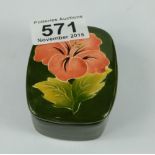 Small Moorcroft Trinket square box decorated with hibiscus on green ground 6cm x 5cm