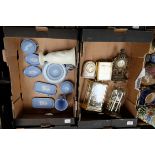 A collection of Wedgwood jasperware and quantity of decorative mantle clocks etc (2 trays)