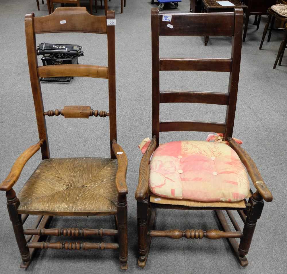 Early oak rush seated rocking chairs (2)