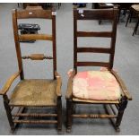 Early oak rush seated rocking chairs (2)