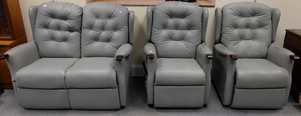 Quality grey leather 3 piece suite including drop arm settee,