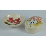 Moorcroft oval box & cover decorated in the geranium design and small footed dish  (2)