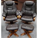 Two leather and wood high back chairs with matching stools