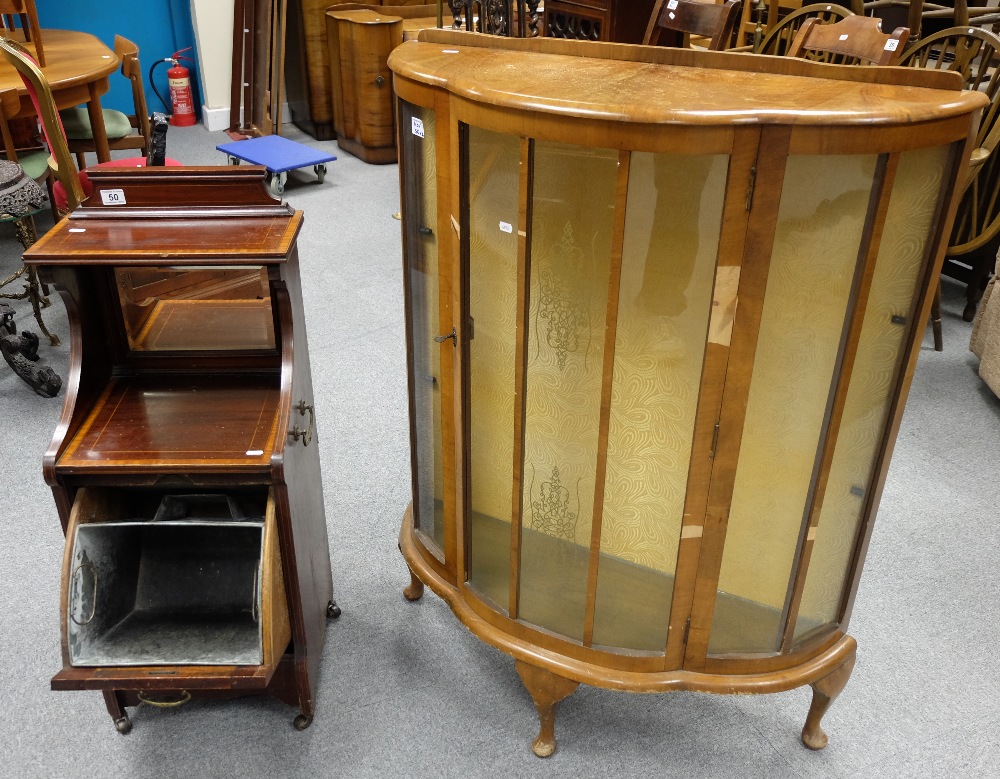 Edwardian Inlaid coal bucket in Sheraton revival style and China dispense cabinet in need of repair
