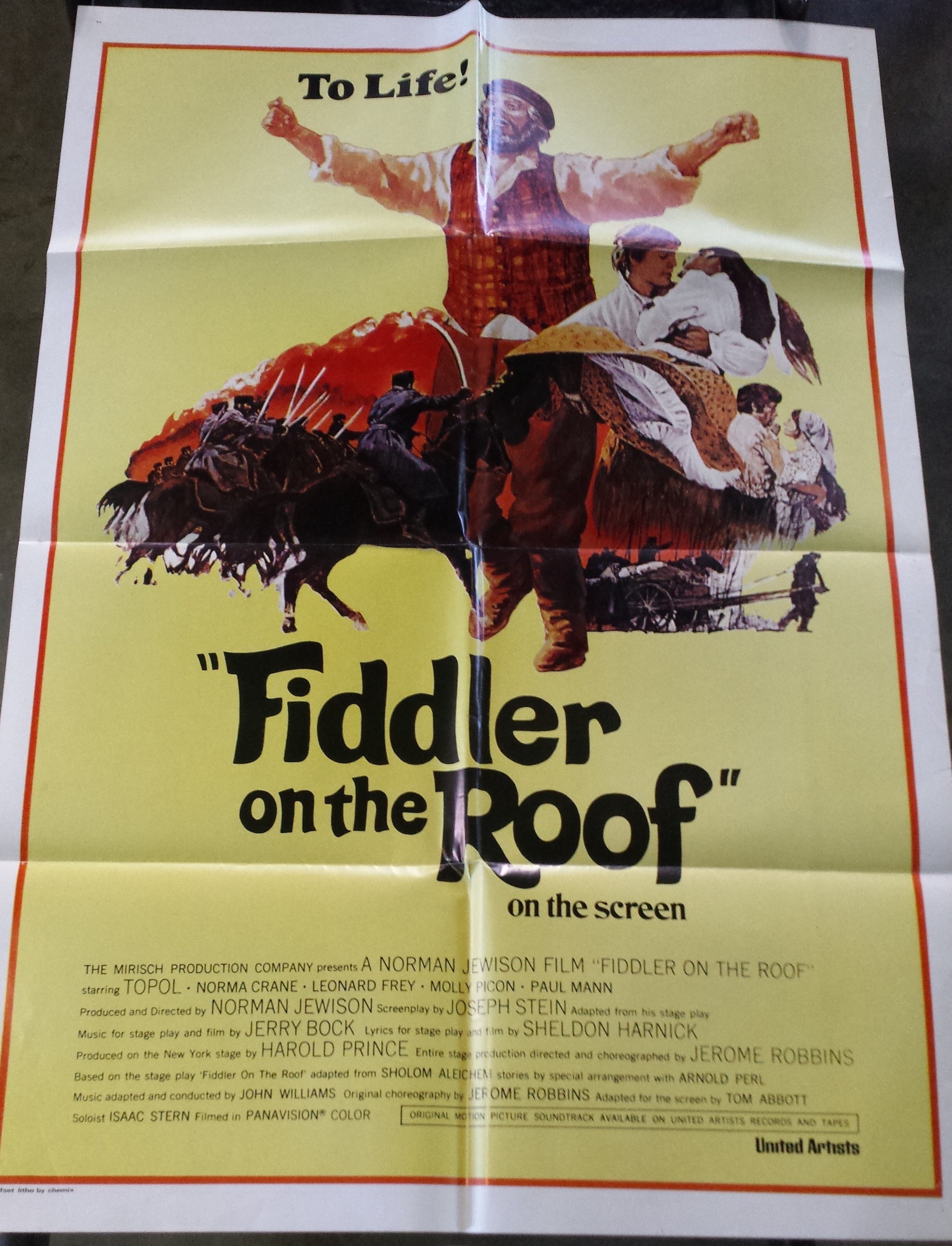 A Vintage "Fiddler on the Roof Film Poster United Artists. Folded. 1015 x 705mm