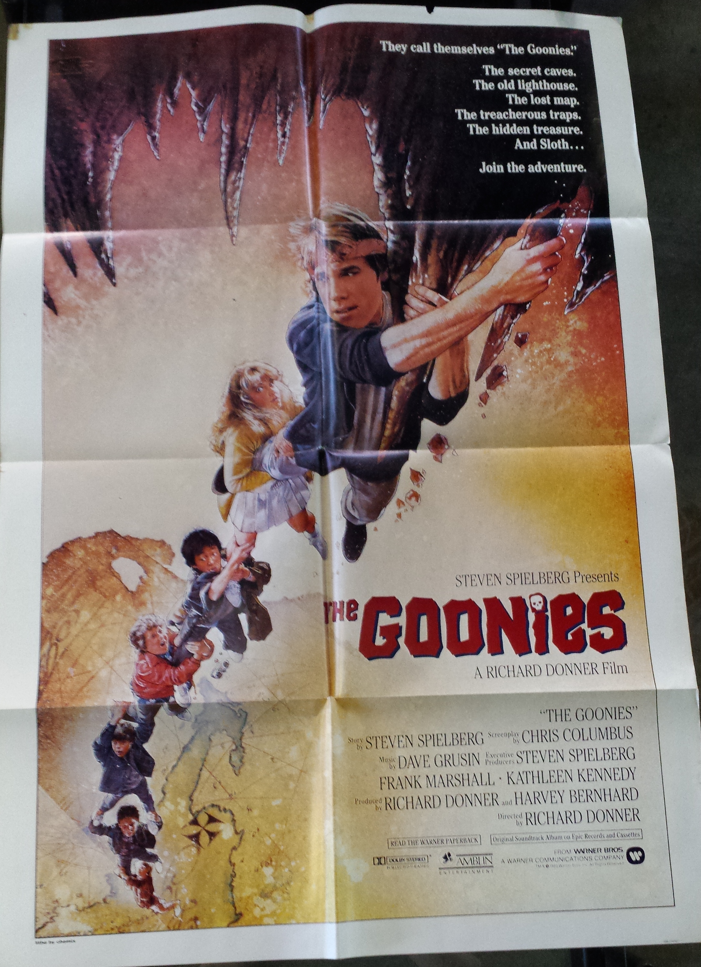 A Vintage The Goonies Film Poster Warner Brother Films. Crease fold tears x3. 1010 x 700mm