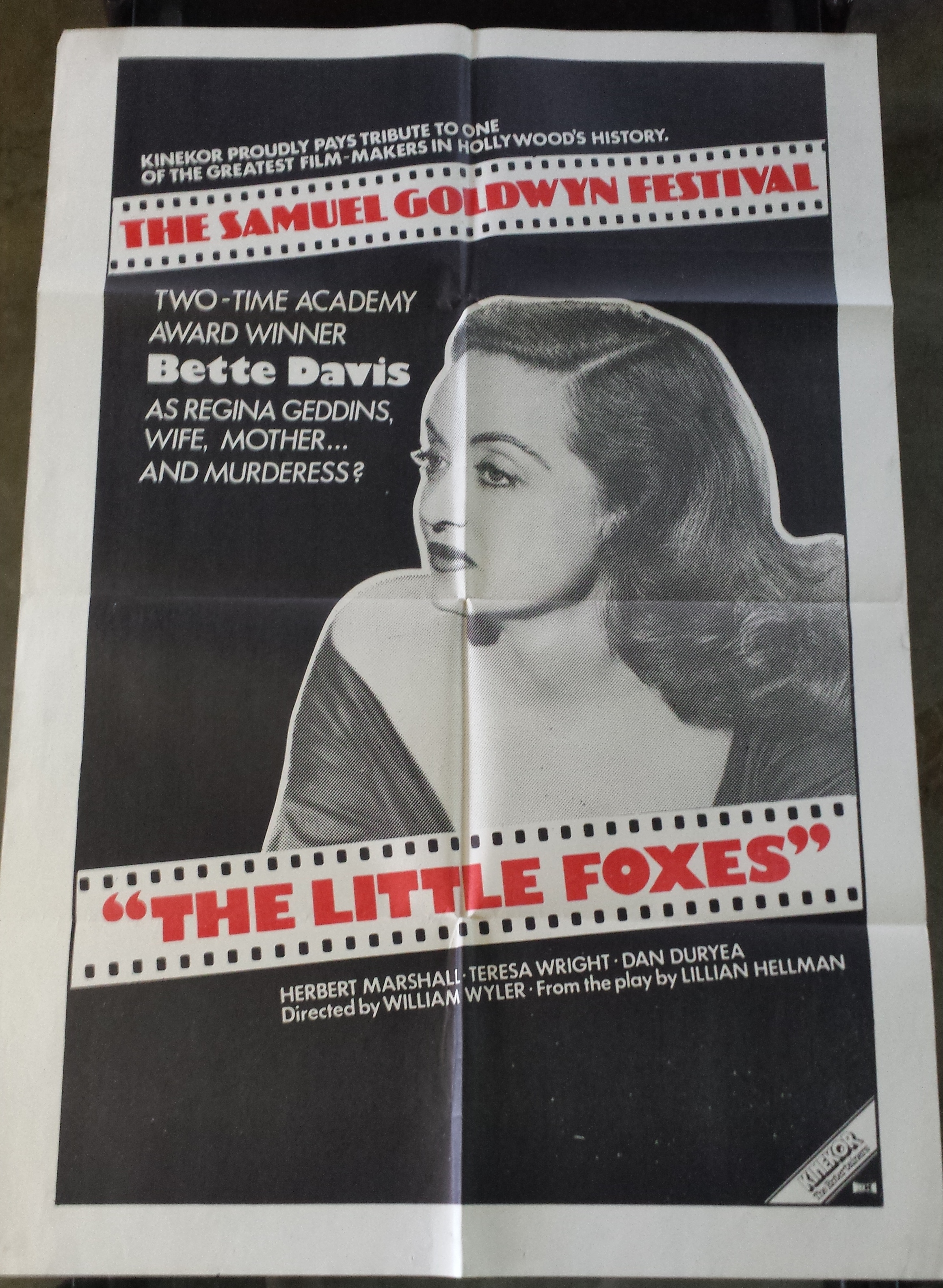 A Vintage "The Little Foxes" Film Poster Kinekor. The Samual Goldwin Festival. Foled. 1020 x 710mm