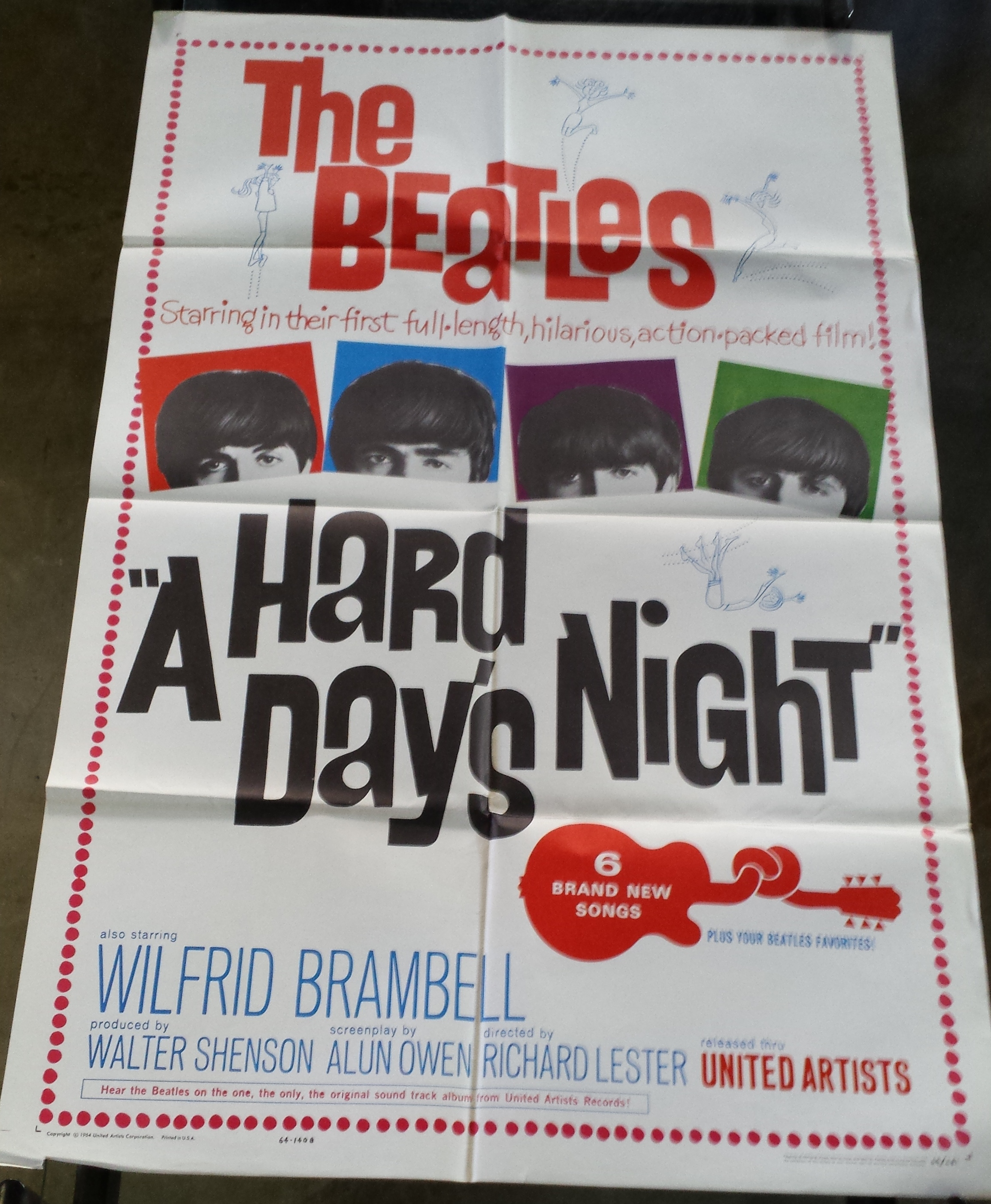 A Vintage "Hard Day's Night" Film Poster United Artists. Folded, fine condition. 1040 x 690mm