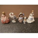 2 Doulton Figures Rose and Kerrie, 2 pin cushion dolls and a LLadro Goose