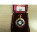 Cased Edwardian 18ct gold ladies fob watch with chased and enamelled case with French movement