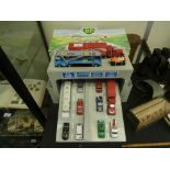 Card BP garage display mounted with various Die Cast vehicle