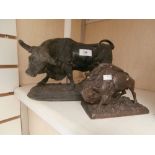 Victorian spelter group of a dog and a bull and a cast model of a bison inscribed Pan American 1901