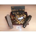 Military buttons, WWI French pendant, bosuns whistle and 2 pocket knives