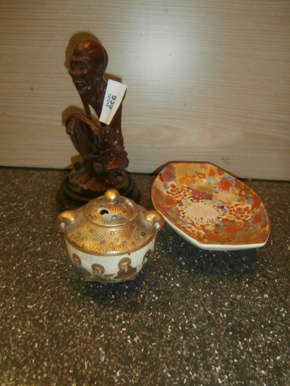 Old chinese carving of an emaciated man, satsuma lidded pot and dish