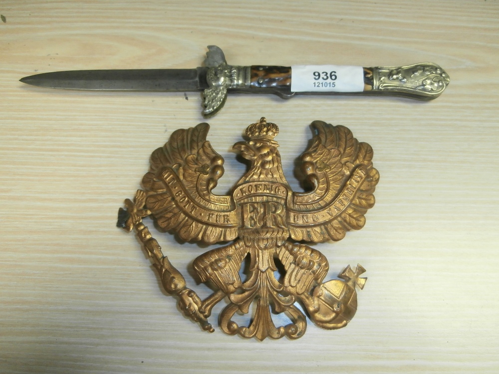 Late 19th century German Pickel Haube helmet badge and Antler grip pocket knife with Eagle detail
