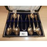 Cased set 6 silver tea spoons wih sugar tongs