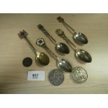 5 Silver souvenir spoons and 1890 and 1887 Crown etc