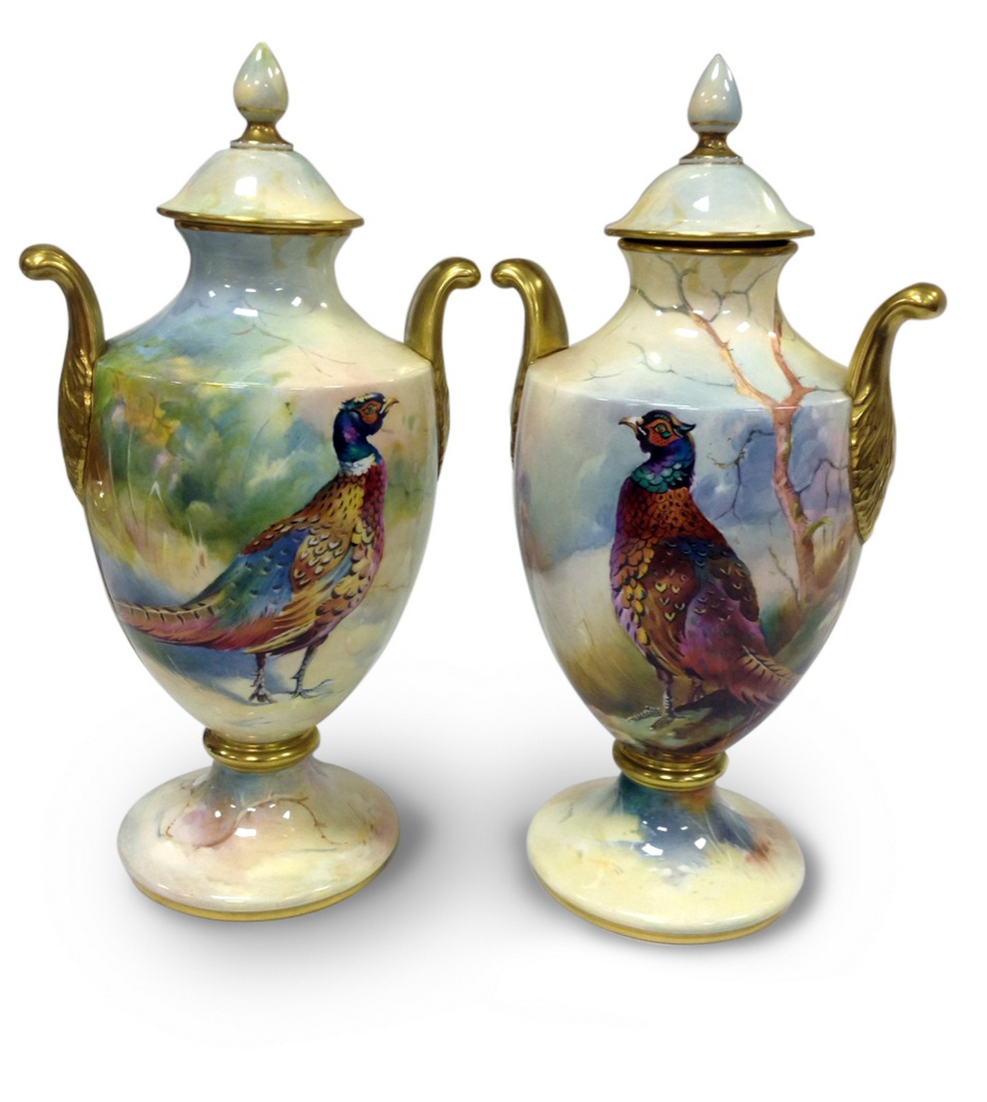 A pair of Caverswall 'Durham' vases & covers, having scrolling feathered burnished gilt handles