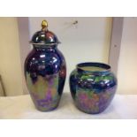 A Maling plum & orchard pattern vase and cover having domed lid with gilded finial, the fruit on