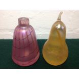 Two pieces of iridescent art glass by John Ditchfield: a purple bud vase with squared lip above