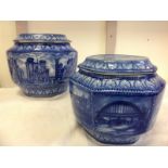 A pair of Maling blue & white Ringtons tea caddies and covers of hexagonal form, decorated with