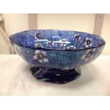 An octagonal Maling bowl with floral decoration of white flowers on blue brushwork ground, supported