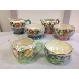 Three pairs of Maling milk jugs & sugar bowls, all with peony rose, rosine, and tube-lined floral