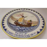 1950s Poole Pottery charger, entitled - 'The Ship of Harry Paye, Poole, 1400', decorated with a