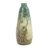 Early 20th century Muller Frères cameo glass bottle vase decorated with woodland landscape scene,