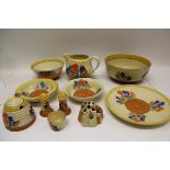 Selection of Clarice Cliff Bizarre range Crocus pattern hand-painted items including two bowls,