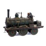 Scratch-built model of a 19th century steam locomotive in green and red livery,