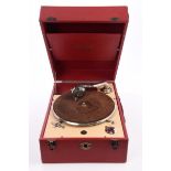 HMV 101 Portable Gramophone - circa 1926, red leather, complete with turntable, long arm, sound box,