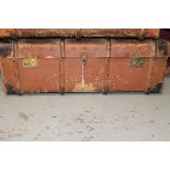 Vintage luggage - large wooden bound canvas and leather cabin trunk (90cm x 30cm x 50cm