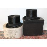 Vintage Dunn & Co. black top hat in Dunn & Co. hat box, with another vintage Dunn & Co. top hat in